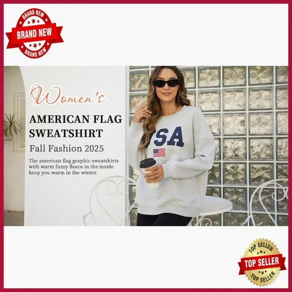 Oversized Fleece Crewneck Sweatshirt Long Sleeve Loose Fit Patriotic Graphic - Picture 7 of 7